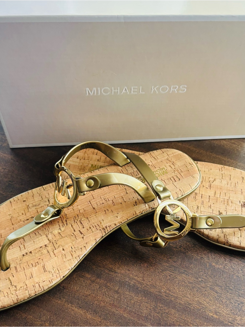 Michael Kors Gold Logo Cork Thong Sandals